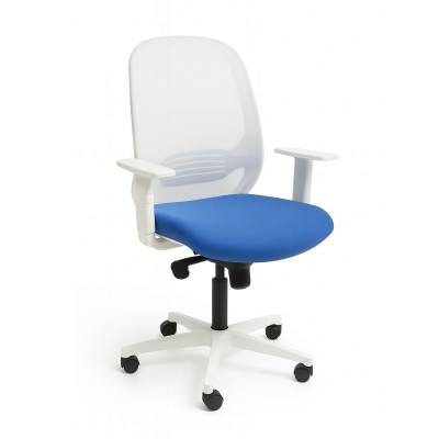 Silla de oficina ergonómica Andy White con respaldo en malla, estructura blanca y asiento tapizado