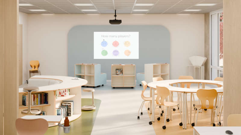 Aula colaborativa con mesas móviles y zonas de almacenaje