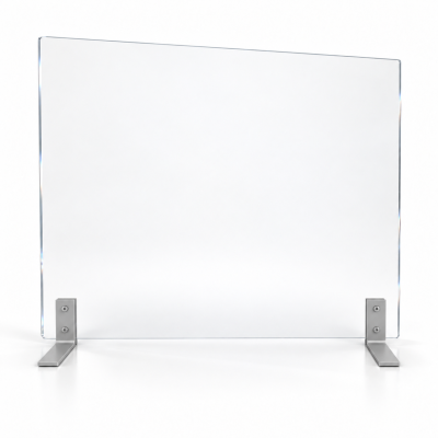 Mampara separadora de sobremesa en metacrilato transparente sin ventanilla, con patas metálicas sobre una mesa blanca