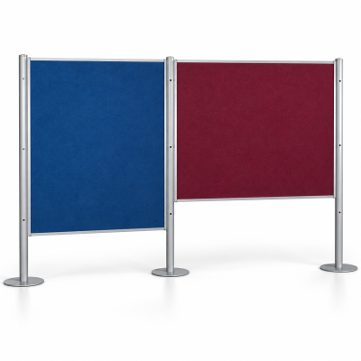 Composición ilustrativa del sistema N1 con dos paneles tapizados azul y burdeos y columnas